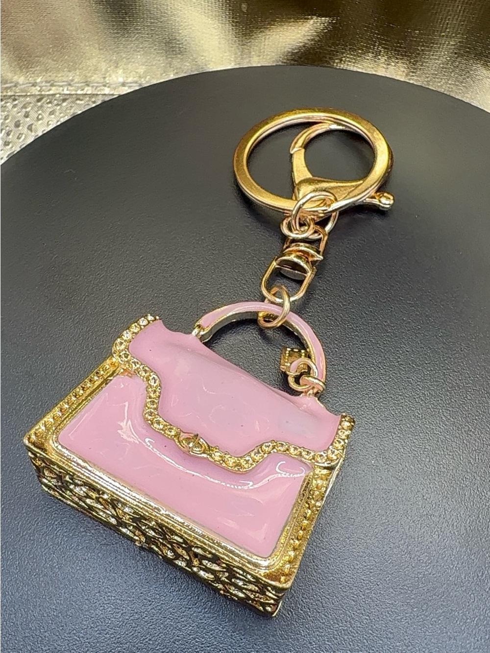 Gold-Tone Pink Enamel Handbag Keychain